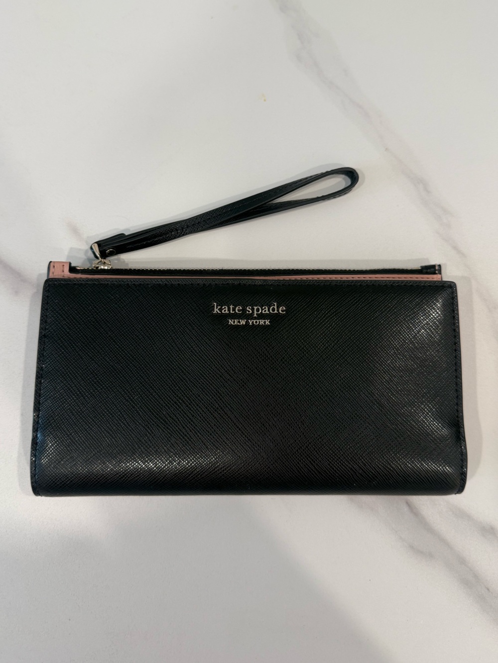 kate spade Black Leather Wristlet with Pink Trim